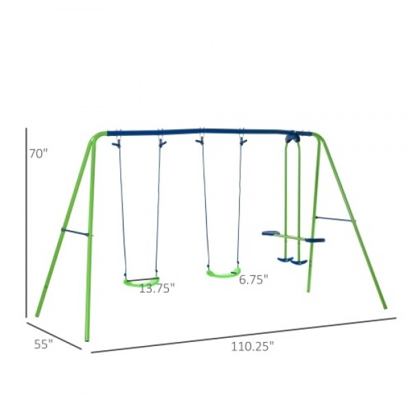 Metal 2 Swings &amp; Seesaw Set Height Adjustable Outdoor Play Set