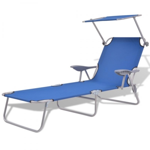 Outdoor Sun Lounger with Canopy Blue Steel 58x189x27 cm