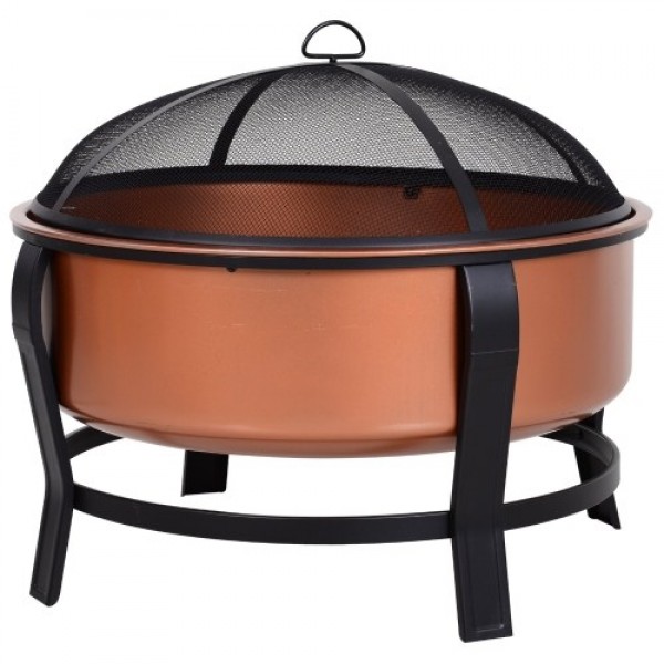 Copper-Colored Round Basin Wood Fire Pit Bowl with Organic Black Base, a Wood Poker &amp; Mesh Screen for Embers