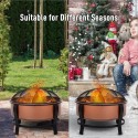 Copper-Colored Round Basin Wood Fire Pit Bowl with Organic Black Base, a Wood Poker &amp; Mesh Screen for Embers