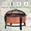 Copper-Colored Round Basin Wood Fire Pit Bowl with Organic Black Base, a Wood Poker &amp; Mesh Screen for Embers