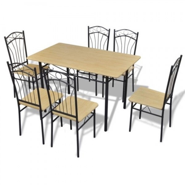 Seven Piece Dining Table and Chair Set Light Brown