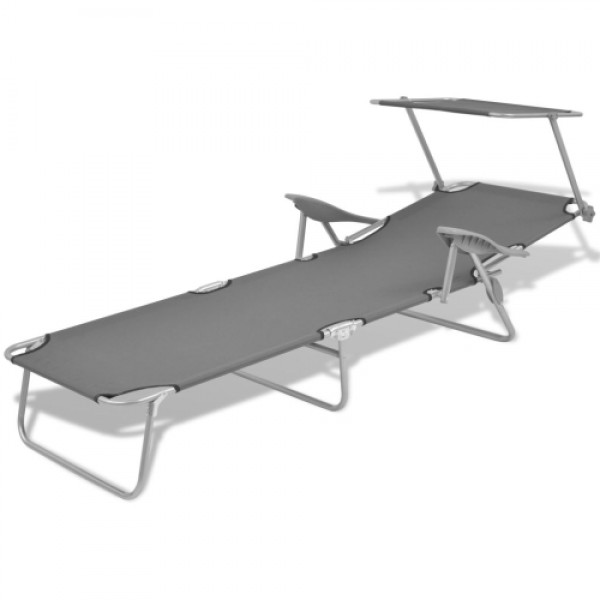 Outdoor Sun Lounger with Canopy Grey Steel 58x189x27 cm