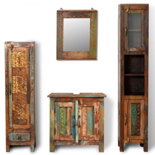 Reclaimed Solid Wood Vanity Cabinet Set with Mirror &amp; 2 Side Cabinets