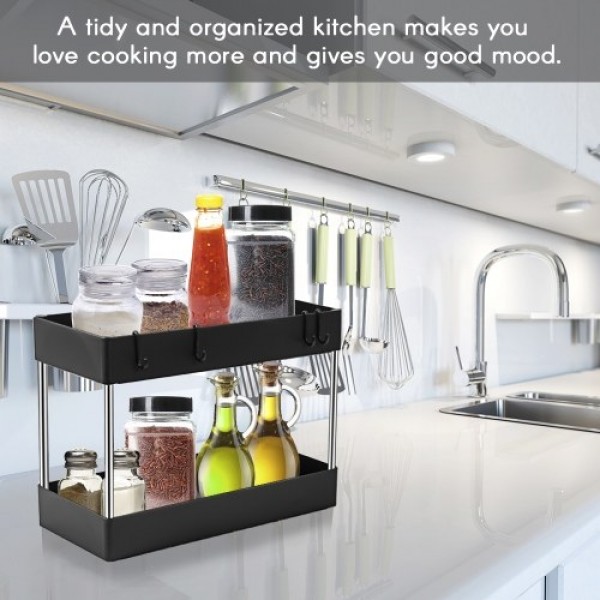 2-Tier Under Sink Organizer Multifunctional Storage Rack with Hook for Cleaning Supplies Spice Bottles Cosmetics Kitchen Bathroo