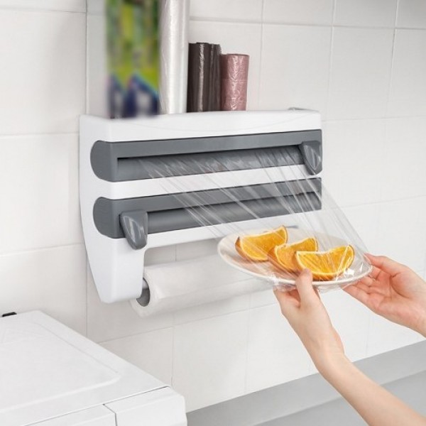 3 in 1 Kitchen Storage Rack Plastic Wrap Cling Film Foil Dispenser Film Storage Rack Cutter Paper Towel Holder Roll Paper Towel 