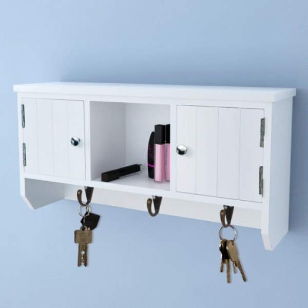 Wall Cabinet for Keys and Jewelry with Doors and Hooks