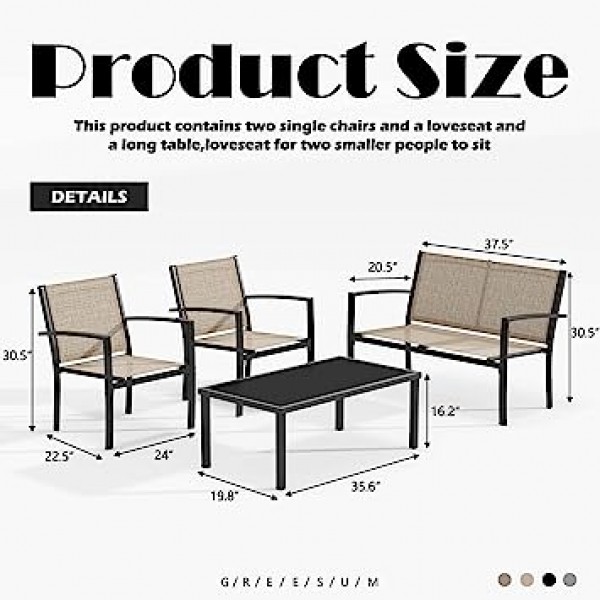 4 Pieces Patio Furniture Set, Outdoor Conversation Sets for Patio, Lawn, Garden, Poolside with A Glass Coffee Table, Beige