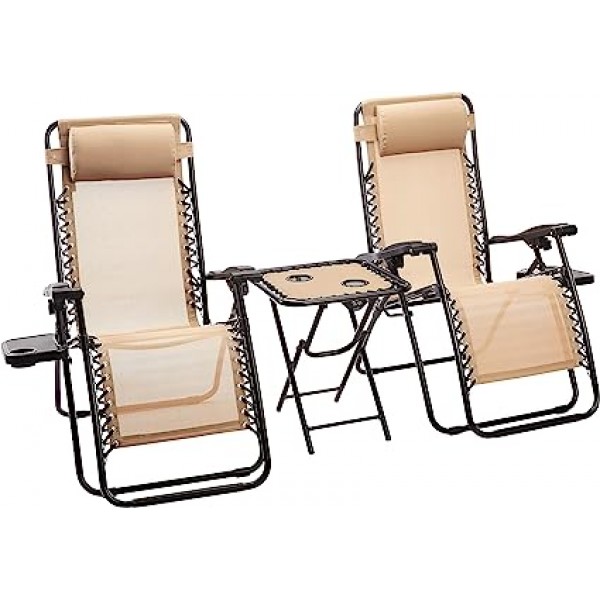 Zero Gravity Chair with Side Table, Set of 2, Relaxing, Cup Holders|Arm Rest|Foldable, Alloy Steel, Beige