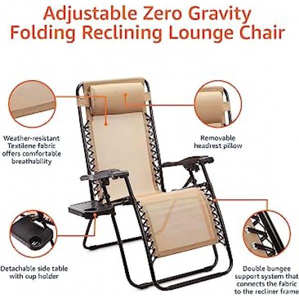 Zero Gravity Chair with Side Table, Set of 2, Relaxing, Cup Holders|Arm Rest|Foldable, Alloy Steel, Beige