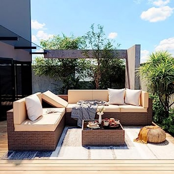 Outdoor Sectional Furniture for 7,Wicker Patio Furniture,All-Weather Brown PE Rattan Sectional Sofa, Conversation Set with Suntan Washable Cushions Covers and Coffee Table for Garden Poolside