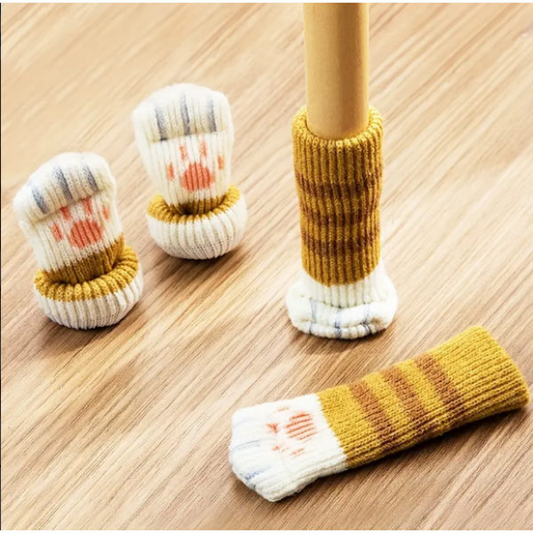 4pcs Cute Cat Paw Pattern Knitted Dining Table Chair Foot Cover, Stool Mute Non-slip Anti-wear Cover, Random Color