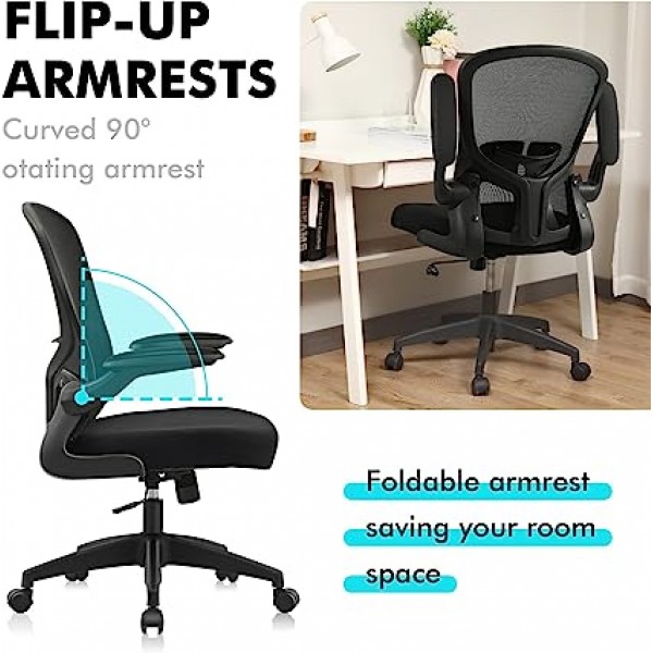 Ergonomic Desk Chair with Adjustable Height, Swivel Computer Chair with Lumbar Support and Flip-up Arms, Backrest with Breathable Mesh (Black)