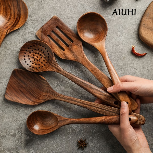 5-Piece Teak Wooden Cooking Utensil Set - Perfect for Wok, Soup, and More!